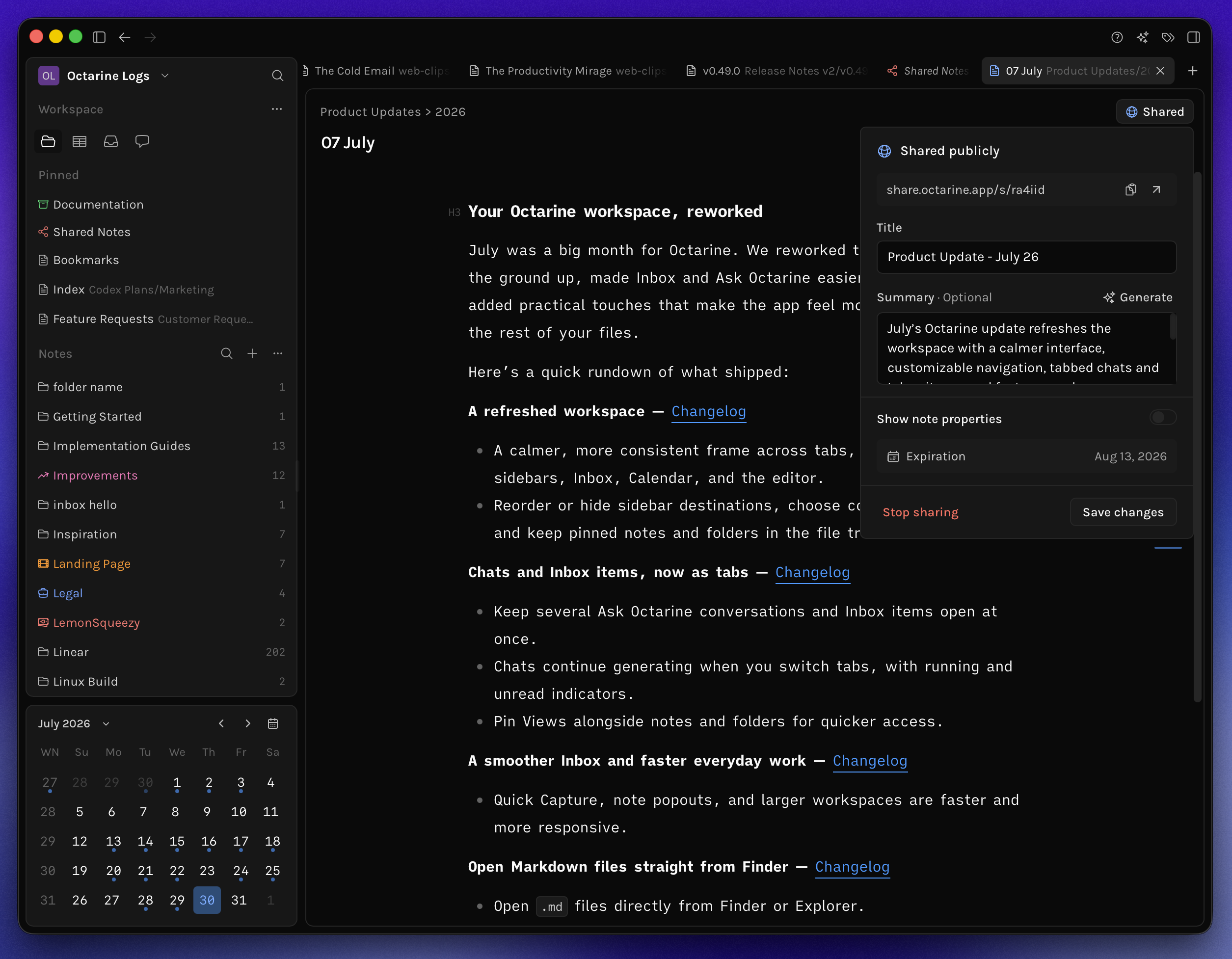 Octarine editor with the public sharing popover open