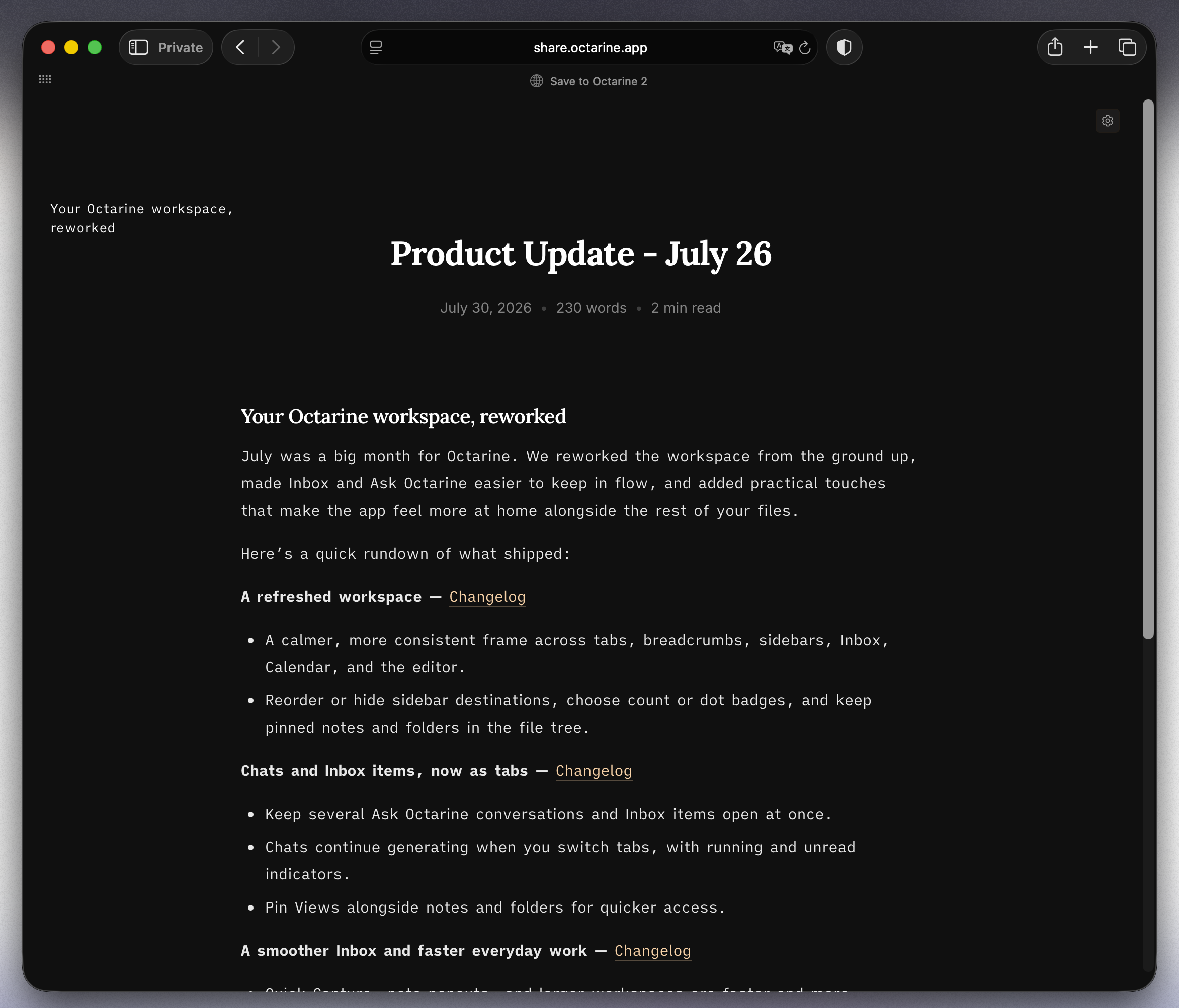 A published Octarine note open in a web browser