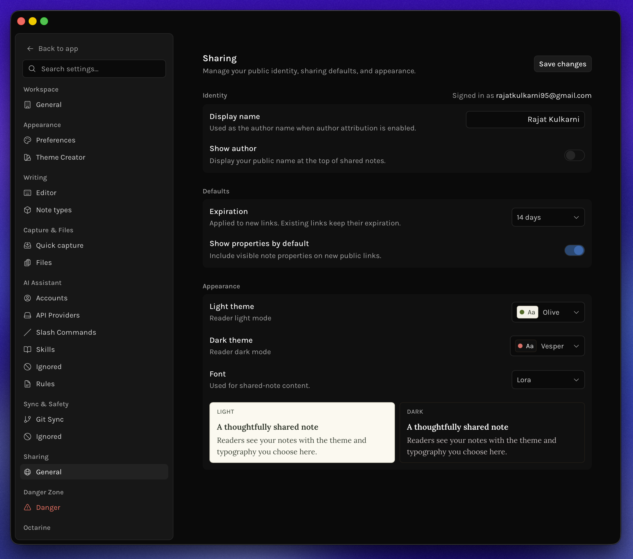 Octarine sharing settings with identity, expiration, properties, themes, font, and reader previews